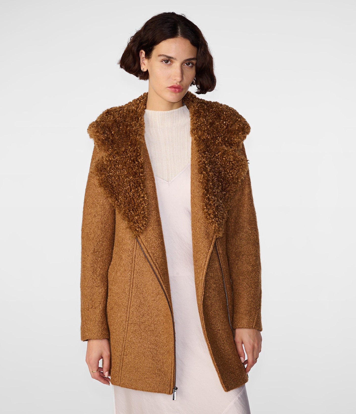 Wool Boucle Coat With Fur Lined Hood