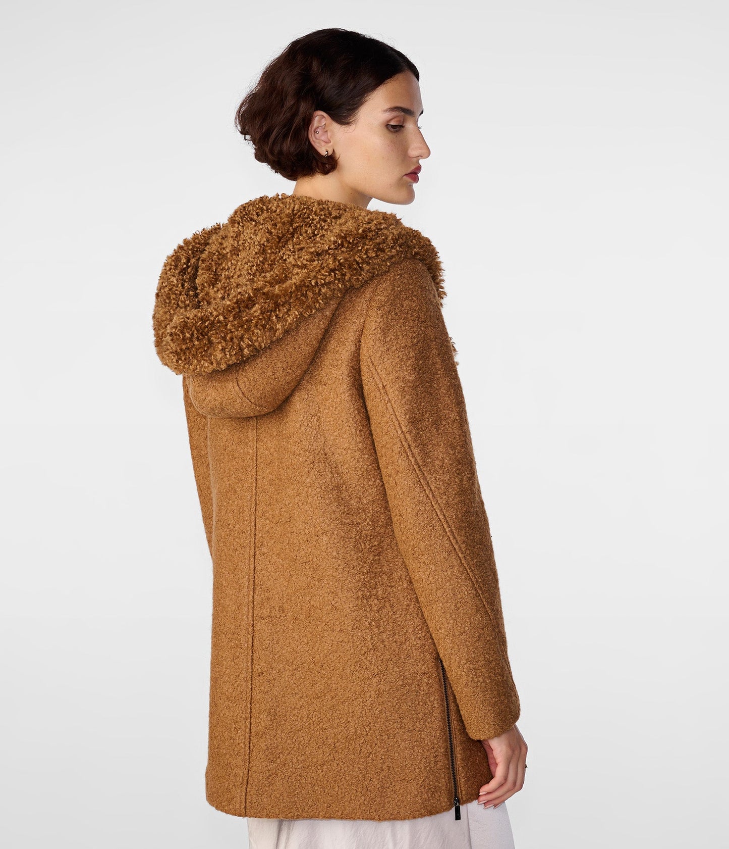 Wool Boucle Coat With Fur Lined Hood