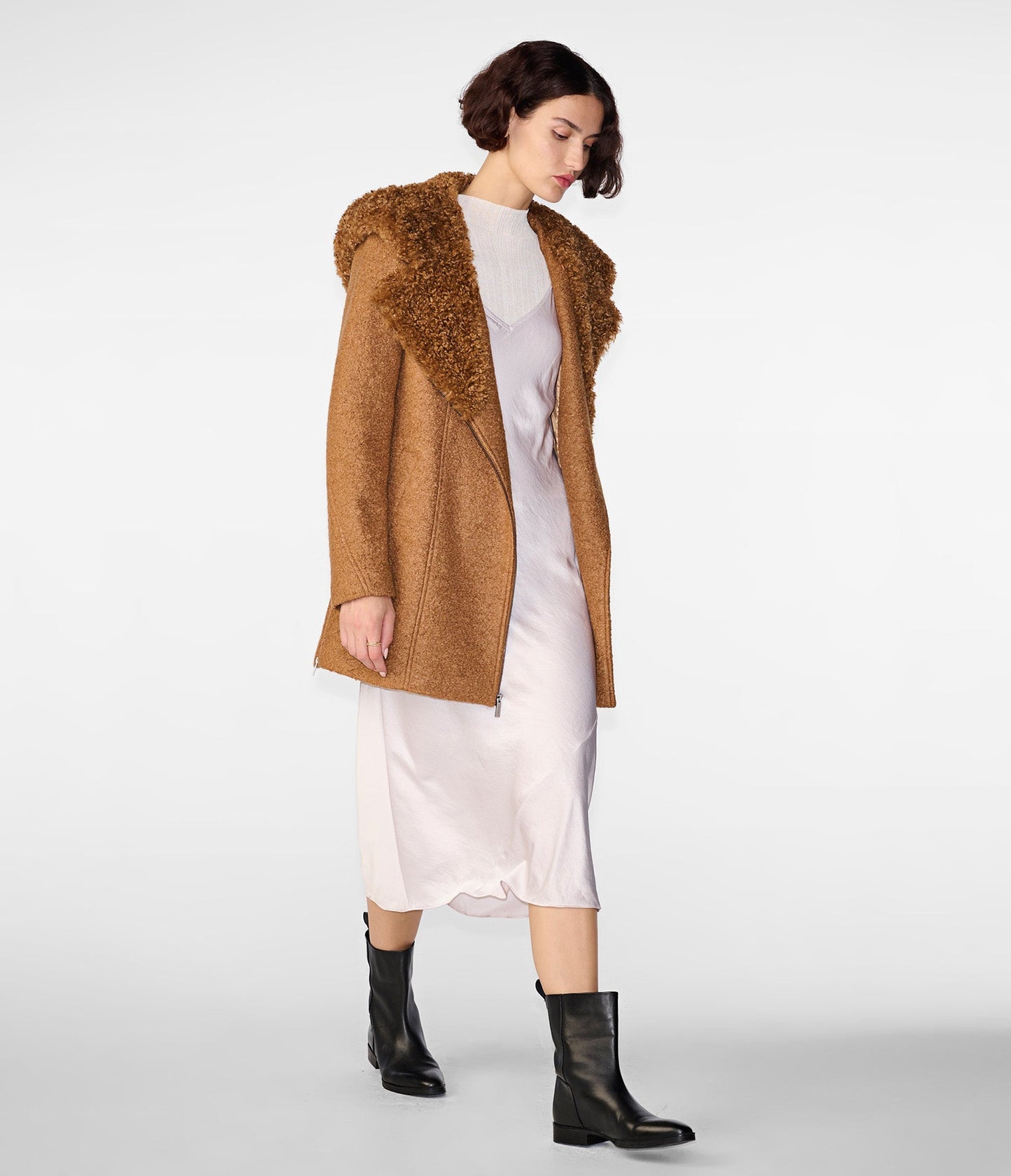 Wool Boucle Coat With Fur Lined Hood