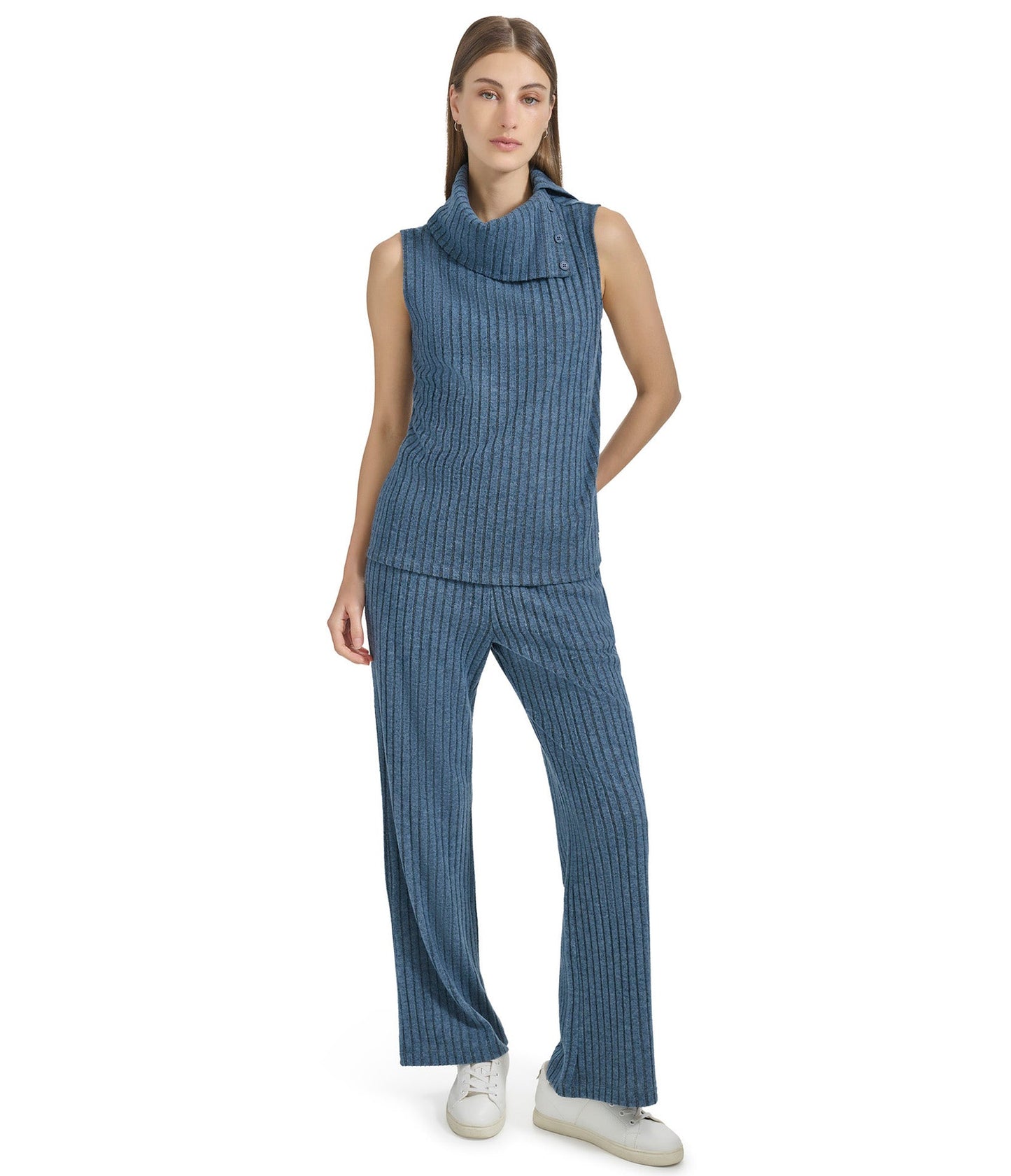 Pull On Wide Leg Heather Ribbed Pants with Slits