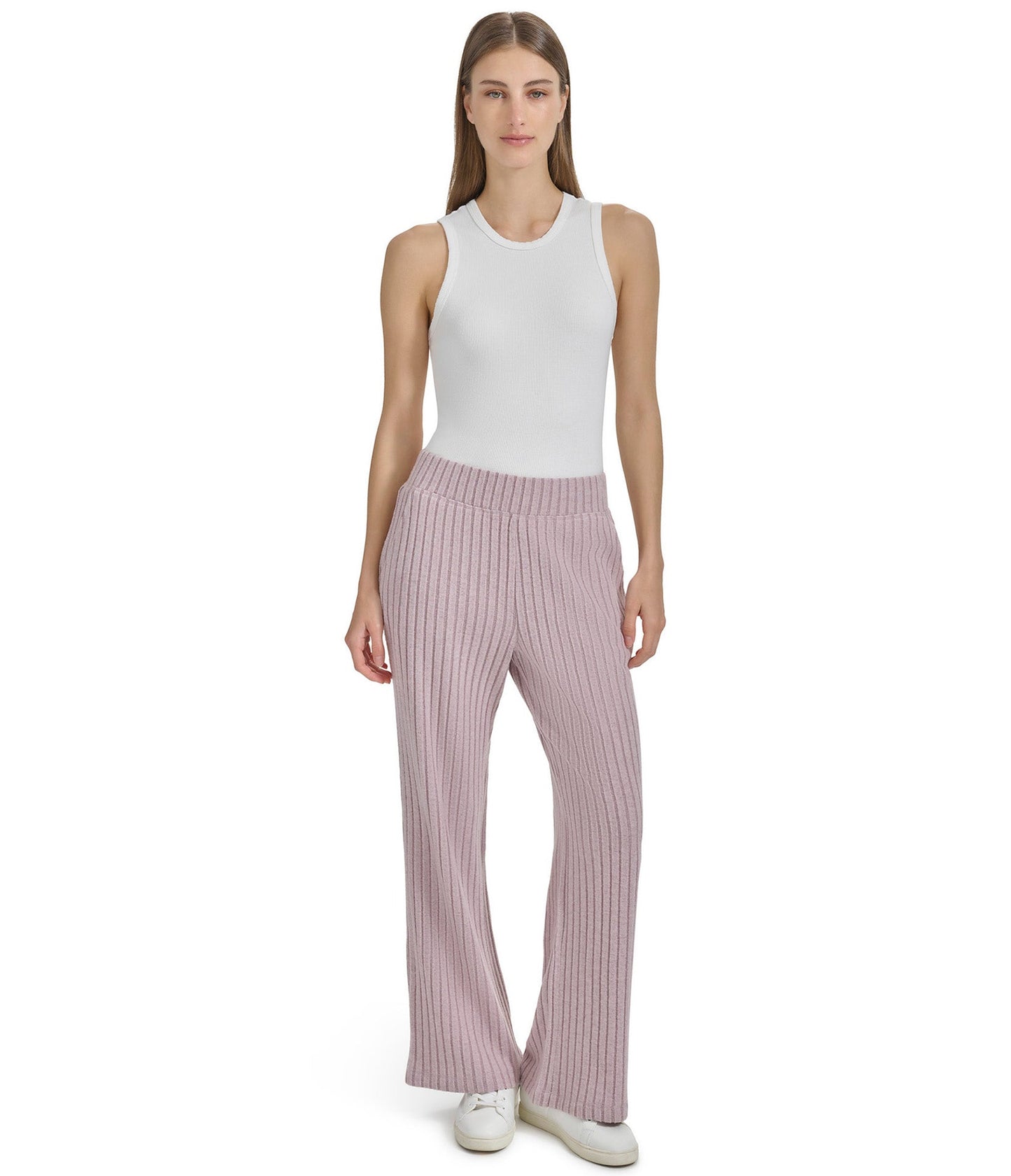 Pull On Wide Leg Heather Ribbed Pants with Slits