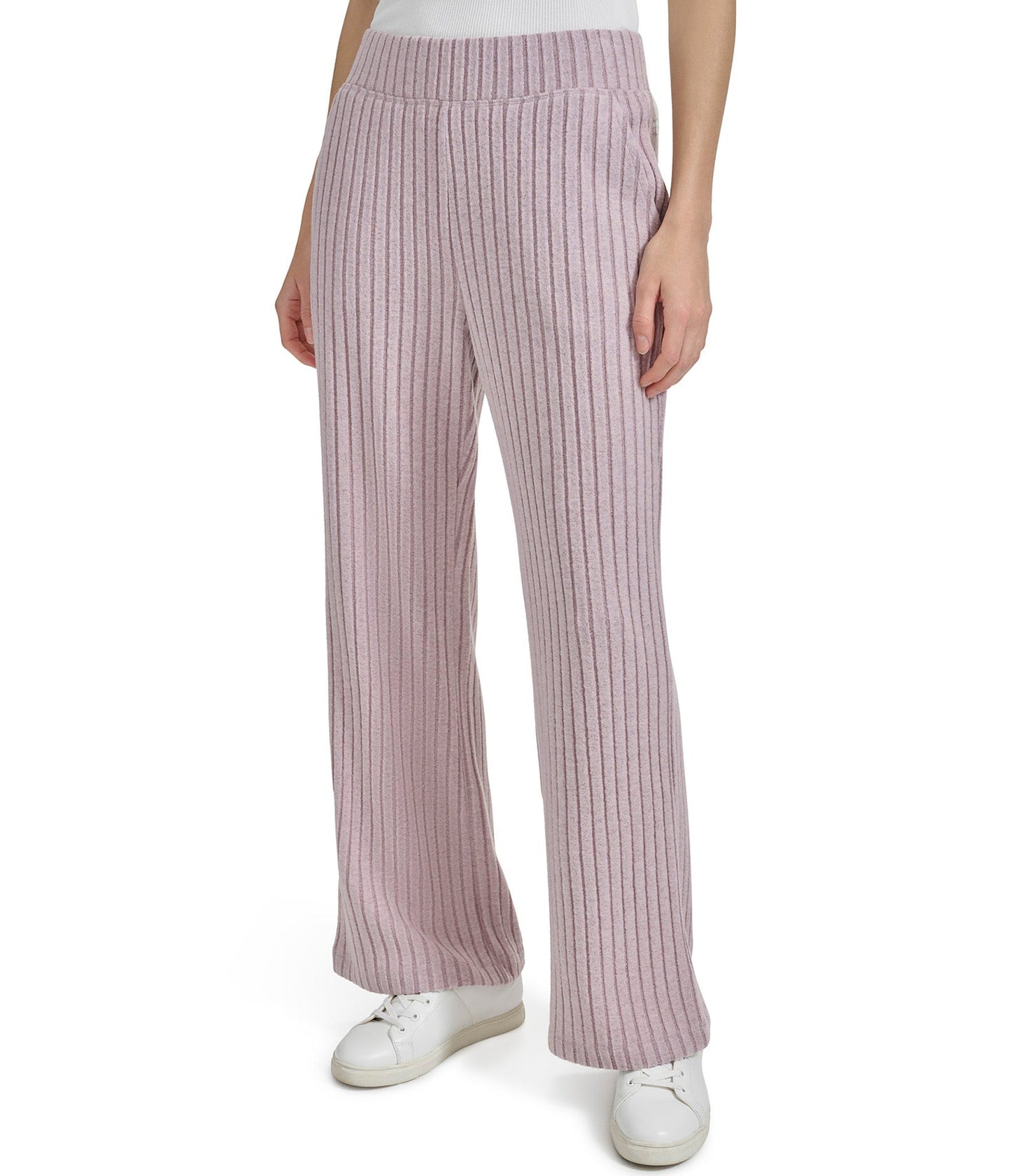 Pull On Wide Leg Heather Ribbed Pants with Slits