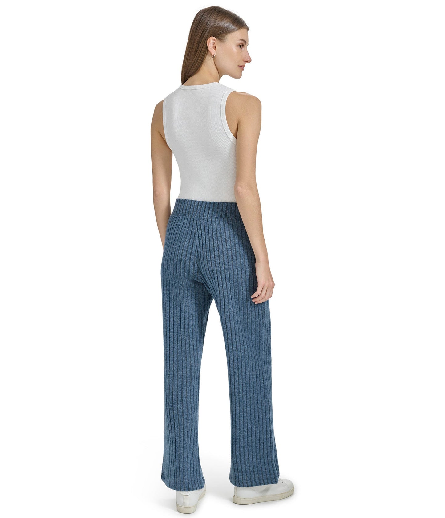 Pull On Wide Leg Heather Ribbed Pants with Slits