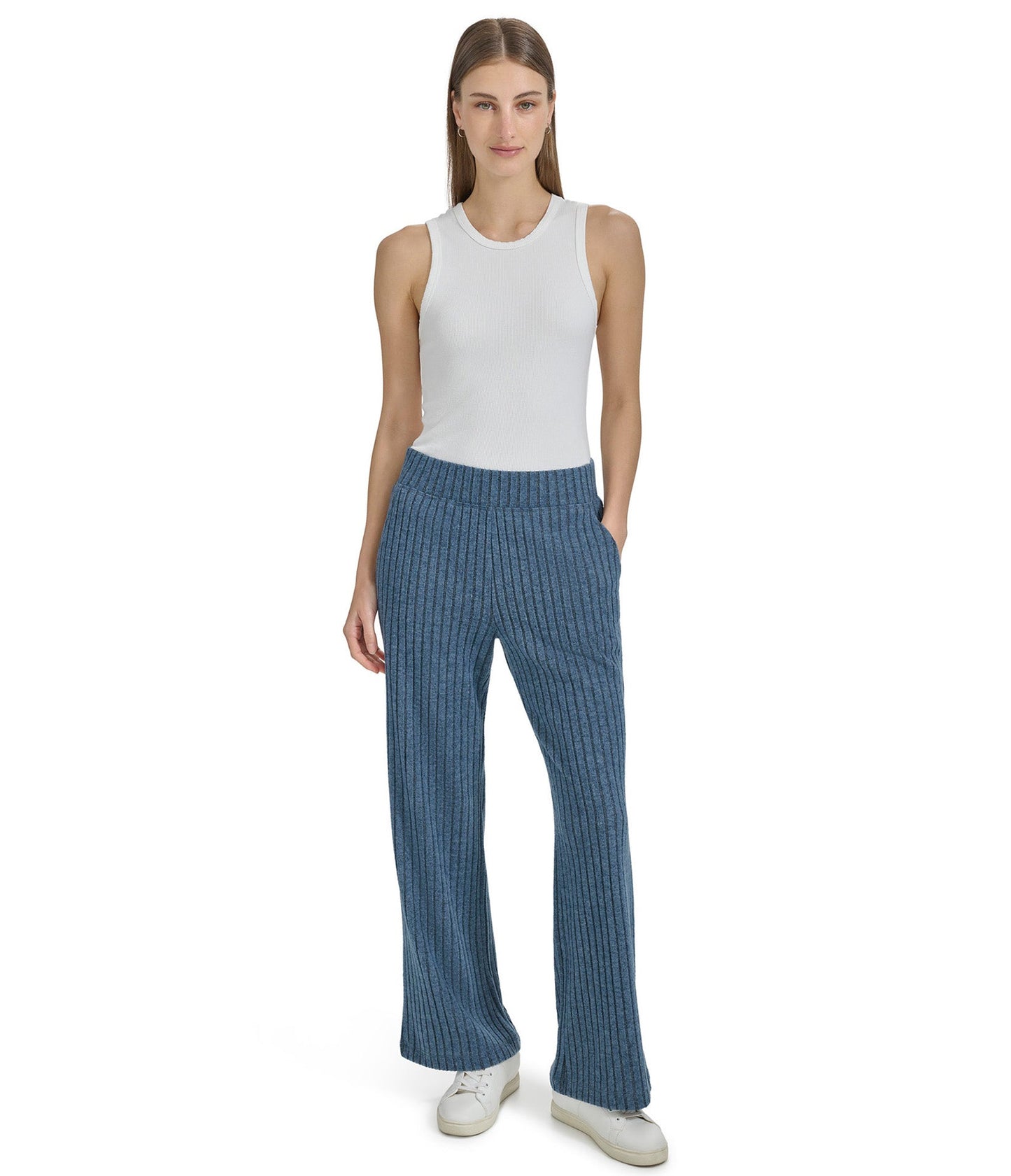 Pull On Wide Leg Heather Ribbed Pants with Slits