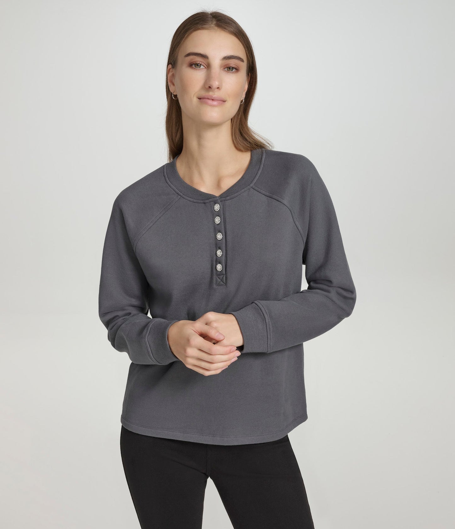 Fleece Crewneck with Rhinestone Buttons