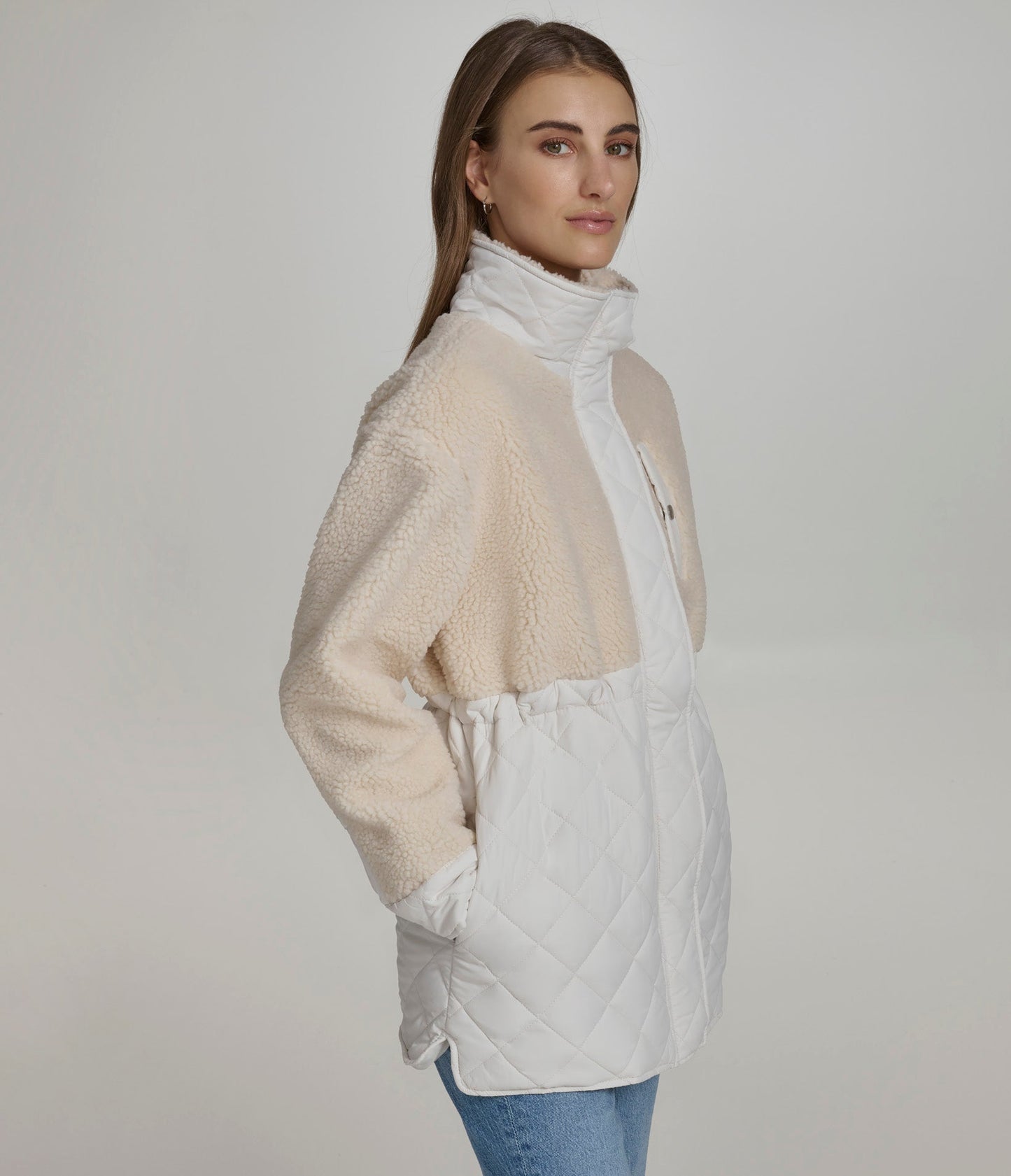 Mixed Sherpa Longline Quilted Jacket