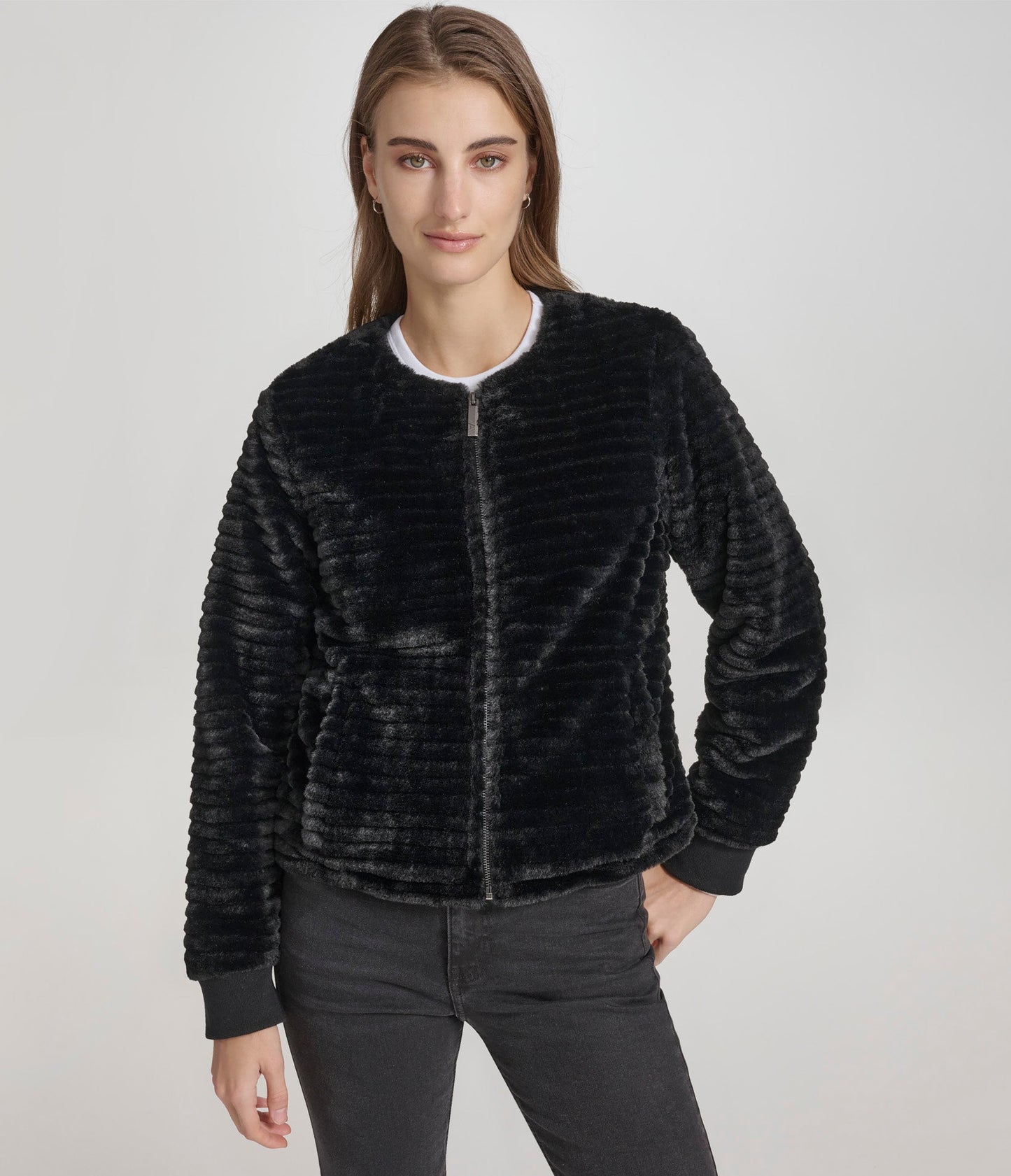 Faux Mink Collarless Zip Front Jacket