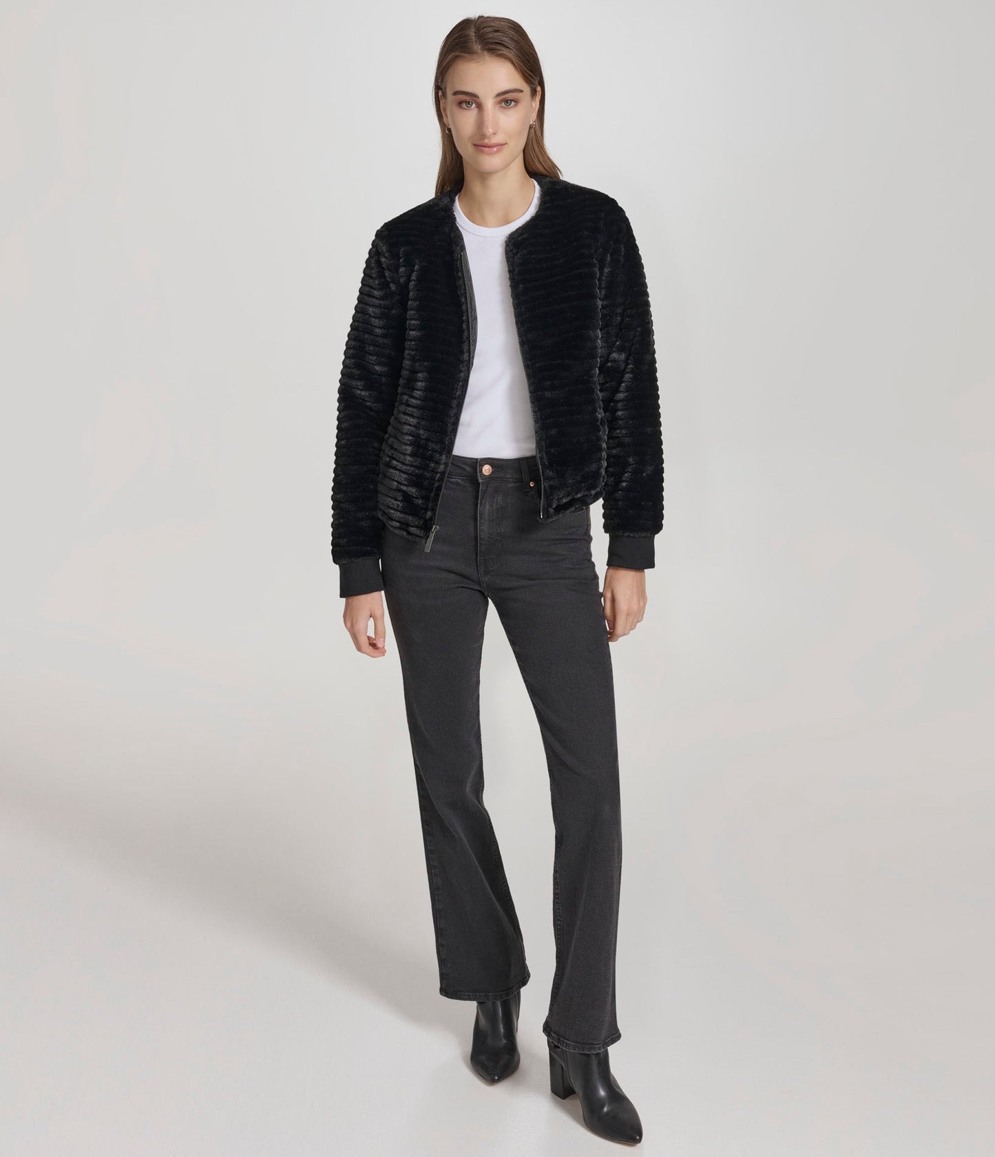 Faux Mink Collarless Zip Front Jacket