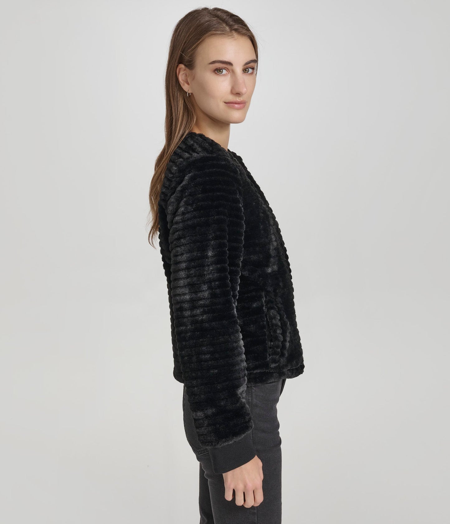 Faux Mink Collarless Zip Front Jacket