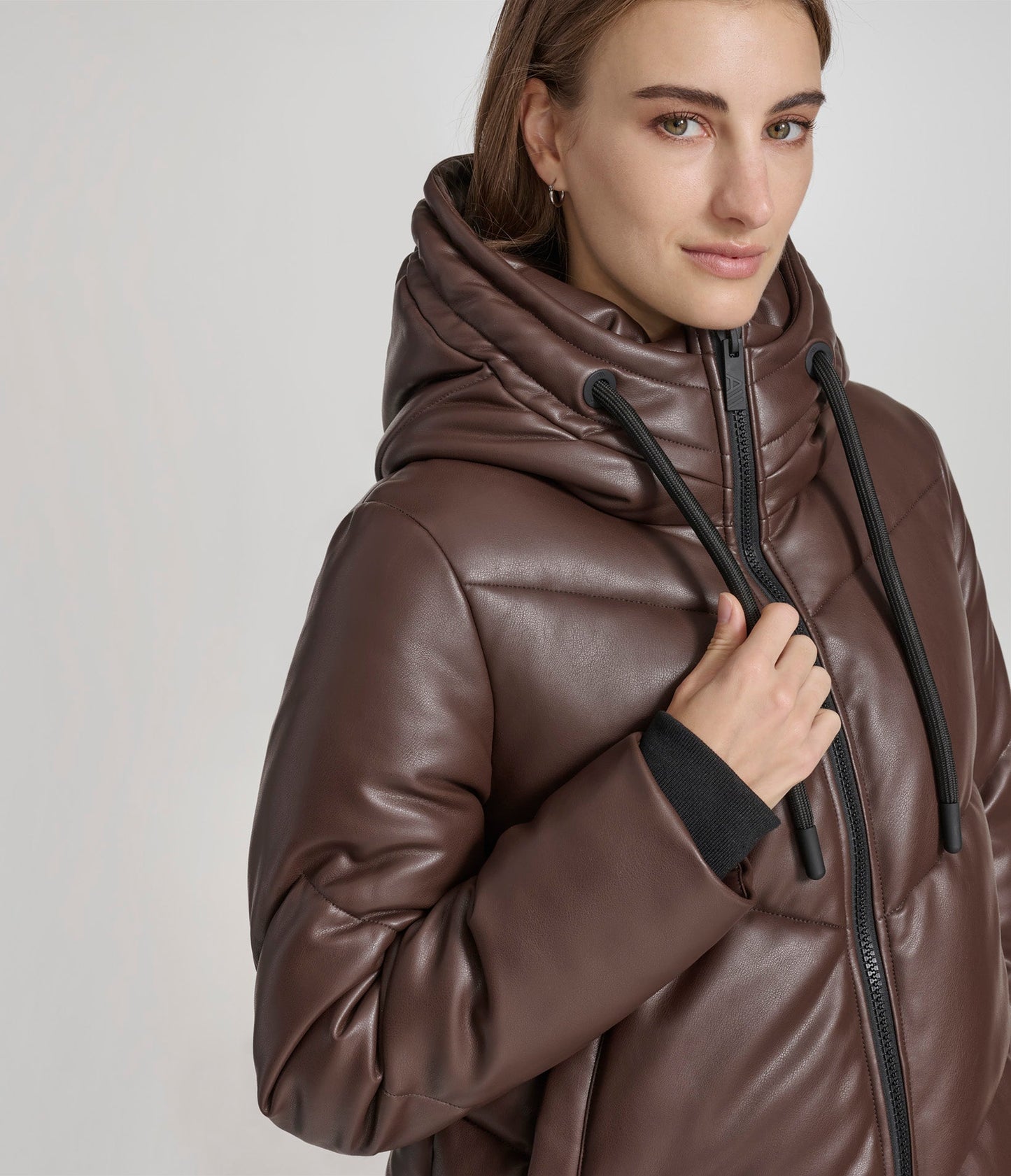 Faux Leather Puffer with Hood