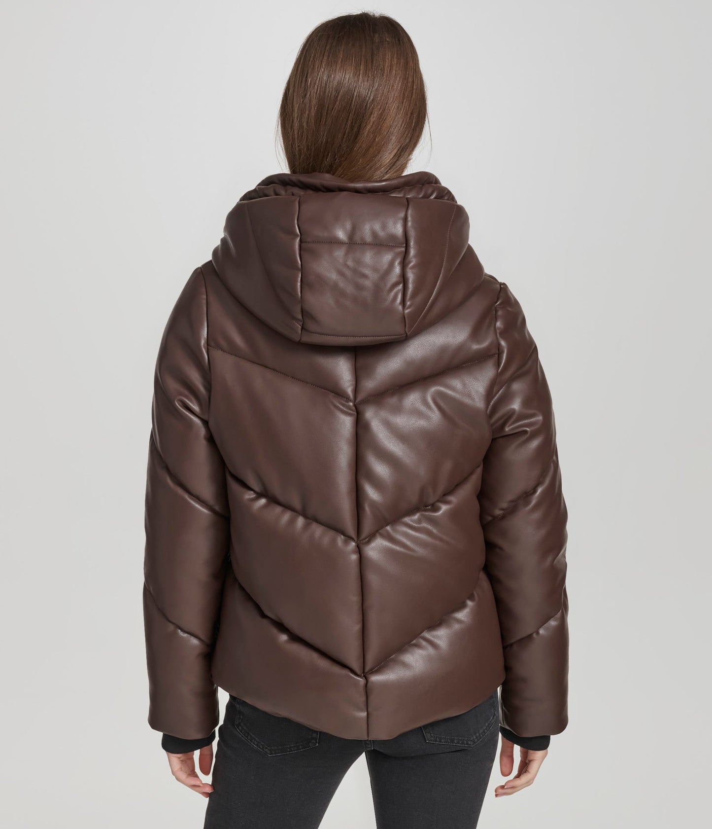 Faux Leather Puffer with Hood