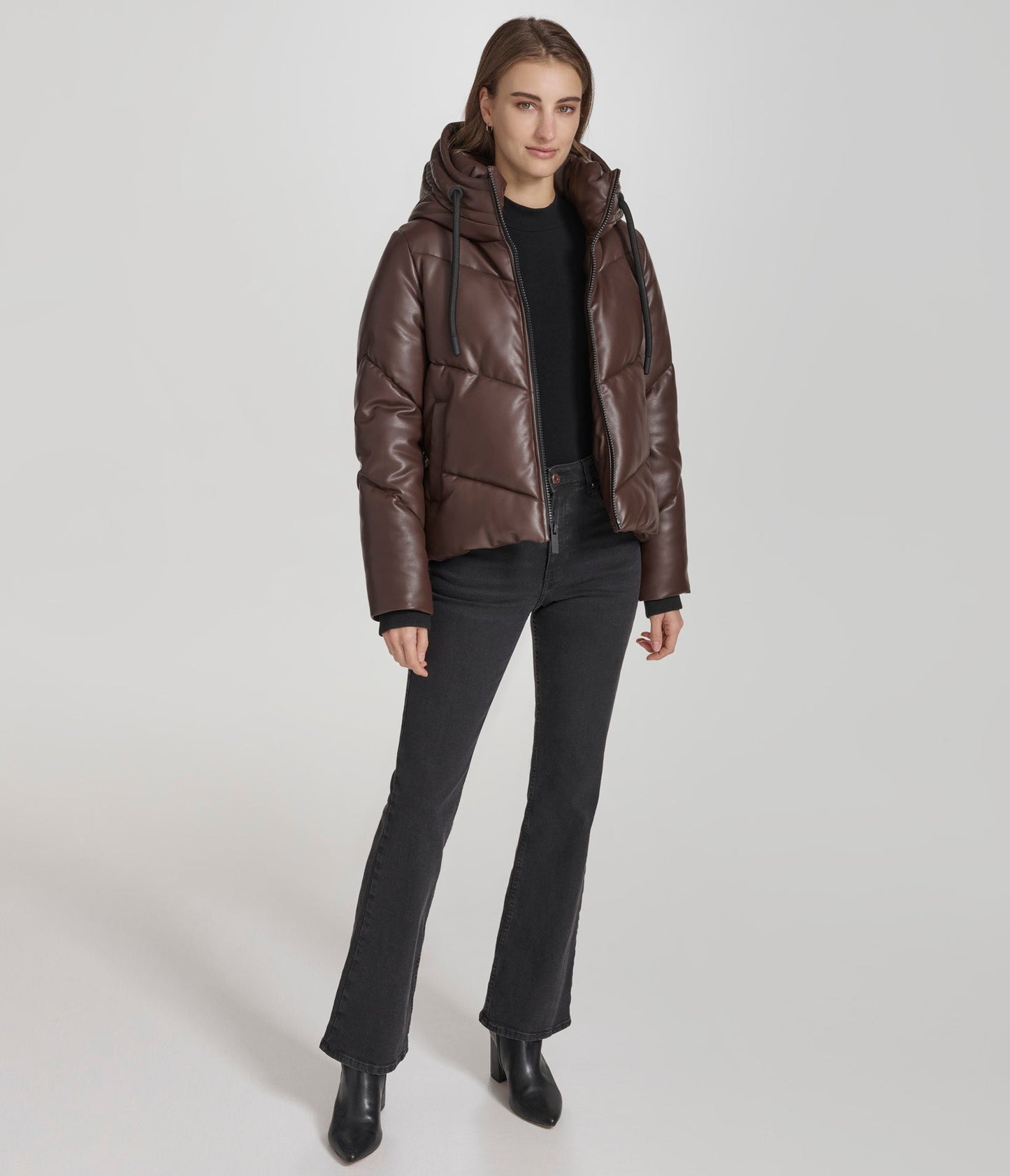 Faux Leather Puffer with Hood