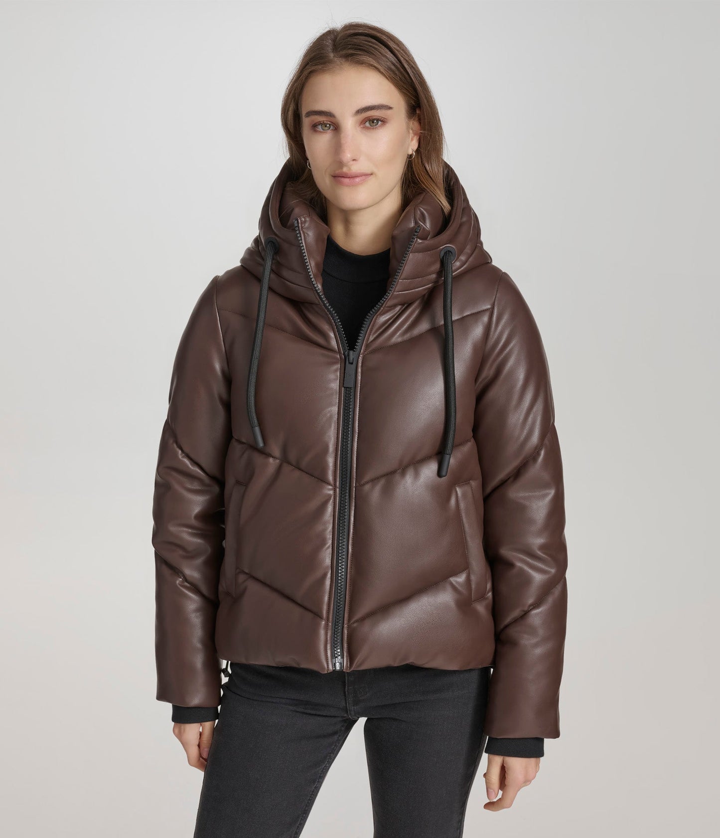 Faux Leather Puffer with Hood