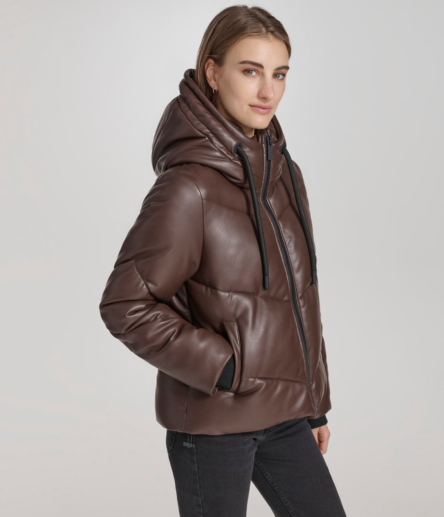 Faux Leather Puffer with Hood