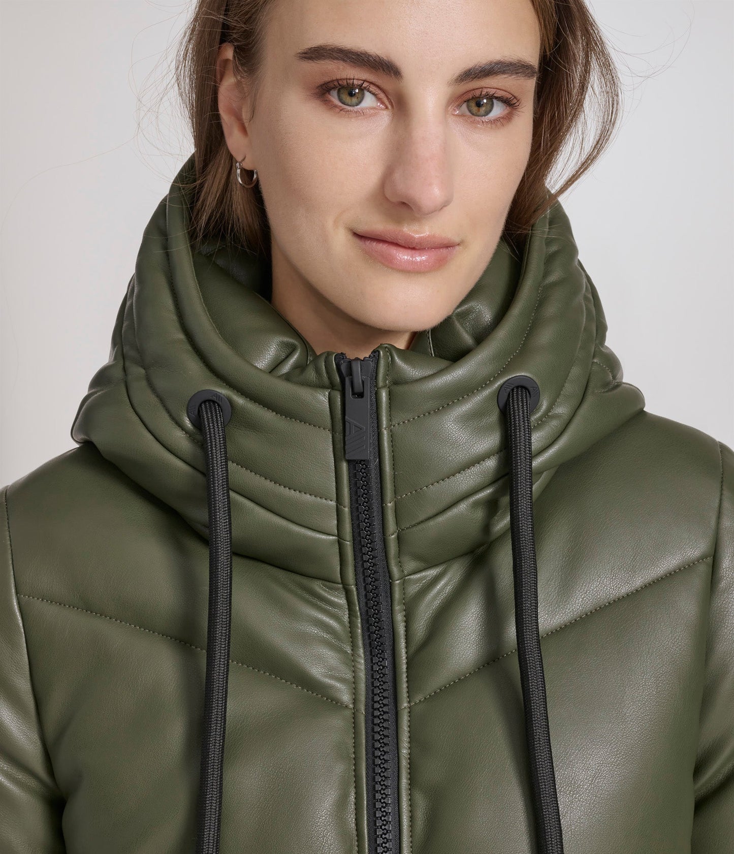 Faux Leather Puffer with Hood