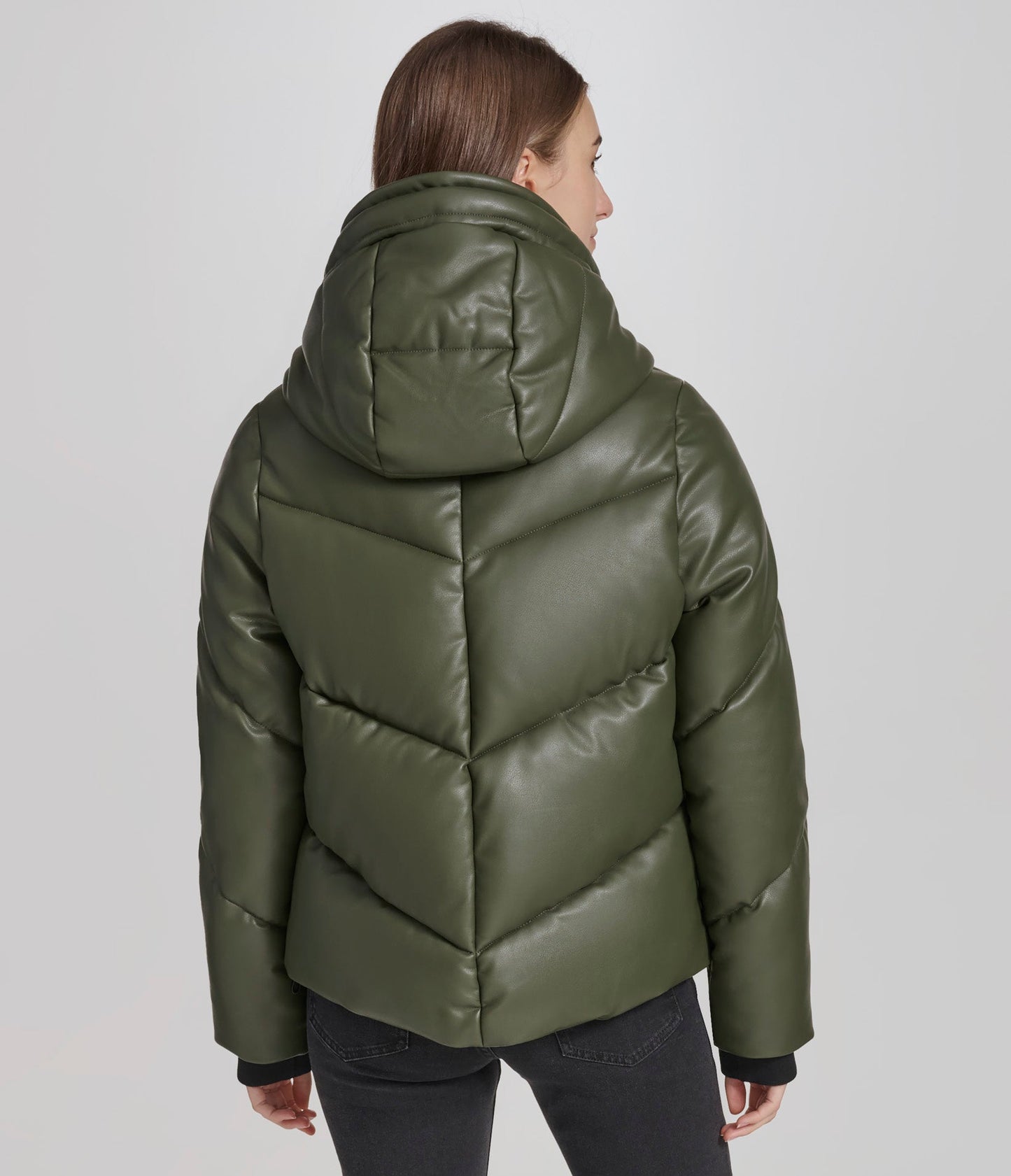 Faux Leather Puffer with Hood