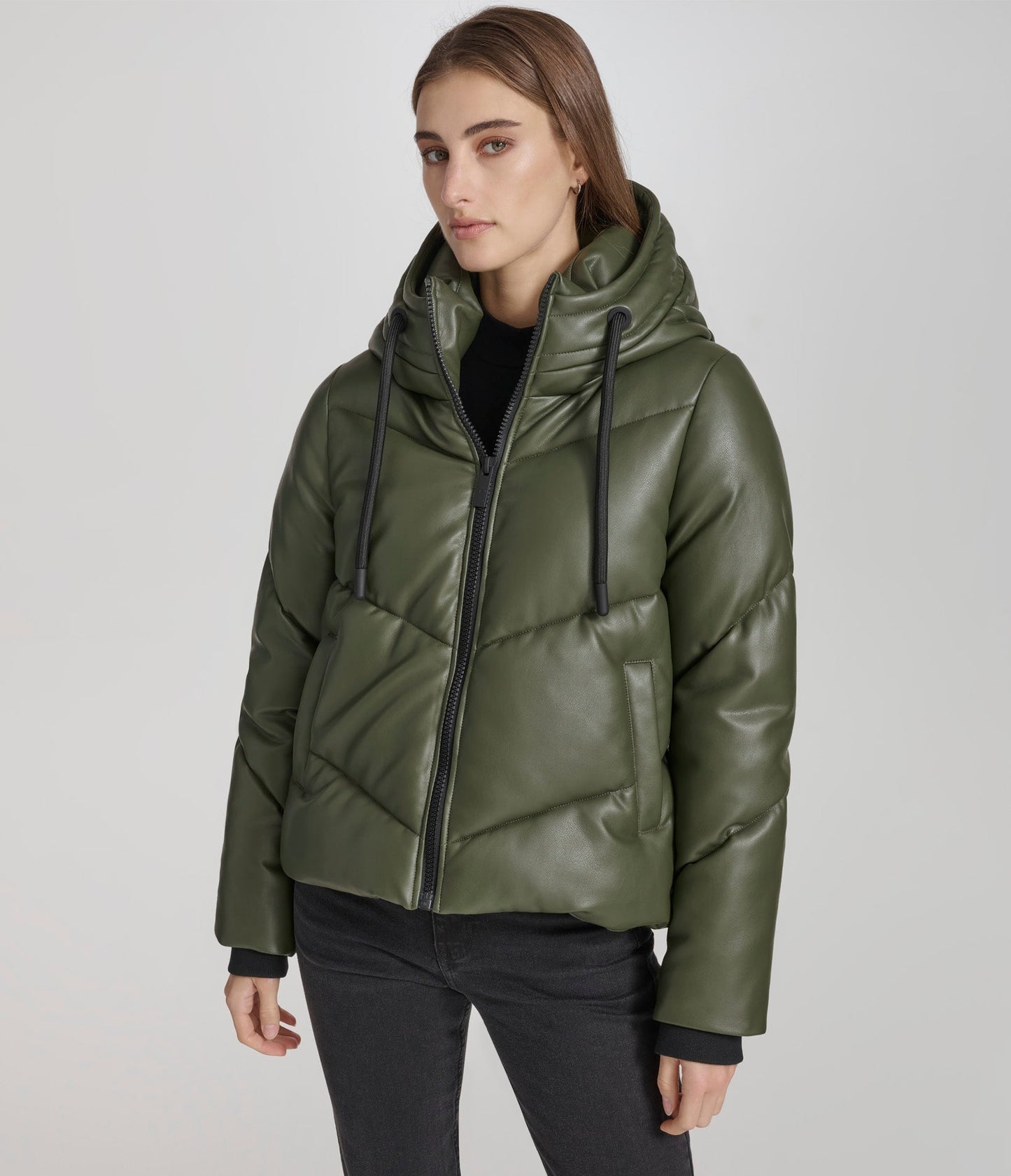 Faux Leather Puffer with Hood