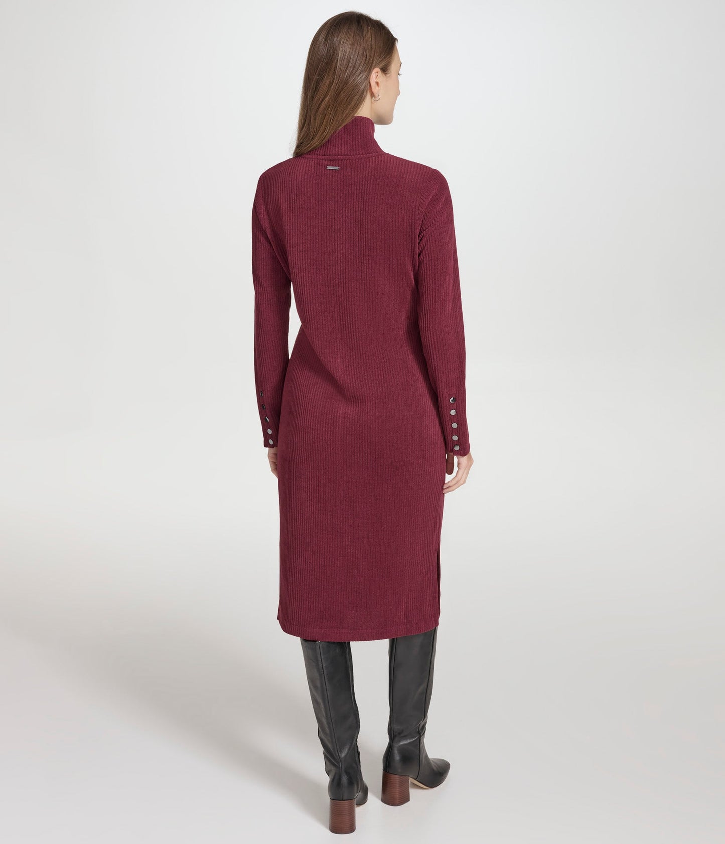 Long Sleeve Luxe Rib Turtleneck Dress with Faux Snaps