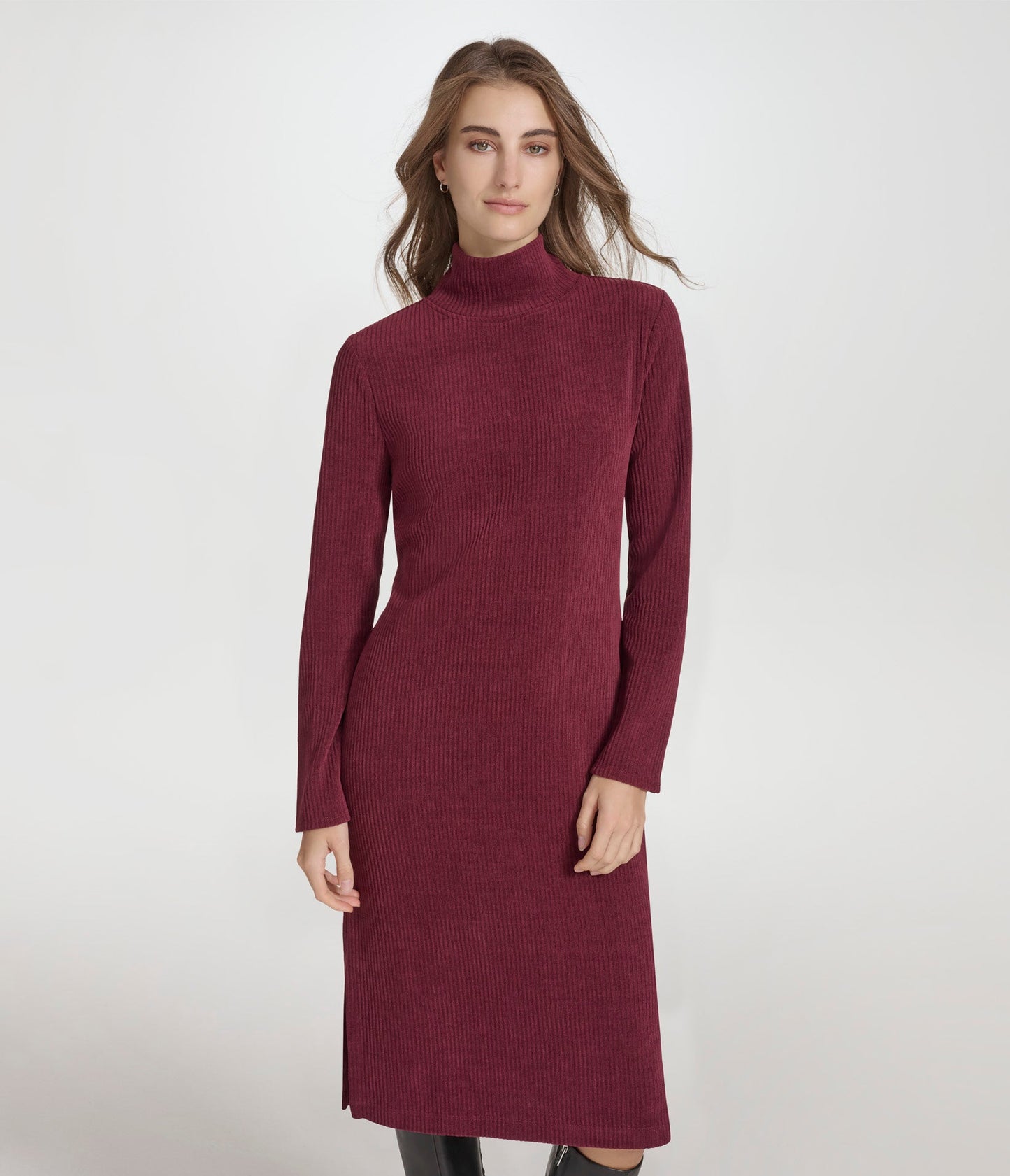 Long Sleeve Luxe Rib Turtleneck Dress with Faux Snaps