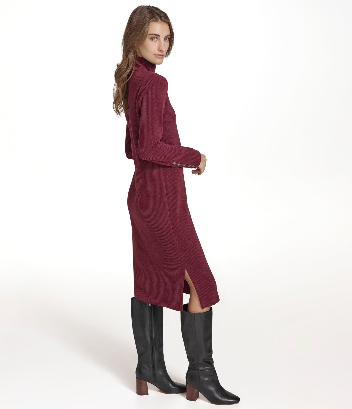 Long Sleeve Luxe Rib Turtleneck Dress with Faux Snaps