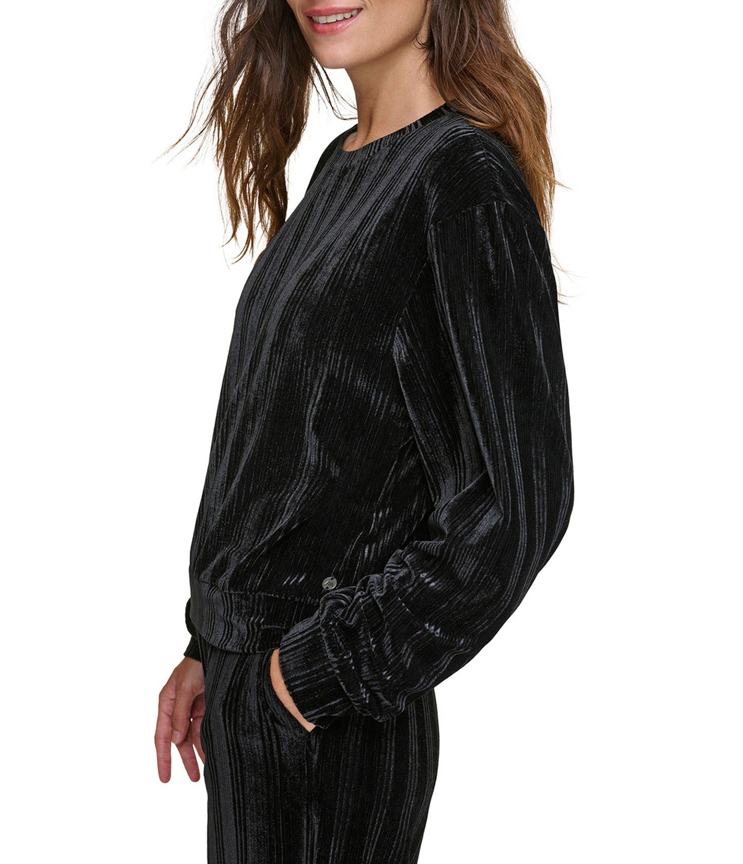 Ribbed Velvet Round Neck Long Sleeve Top