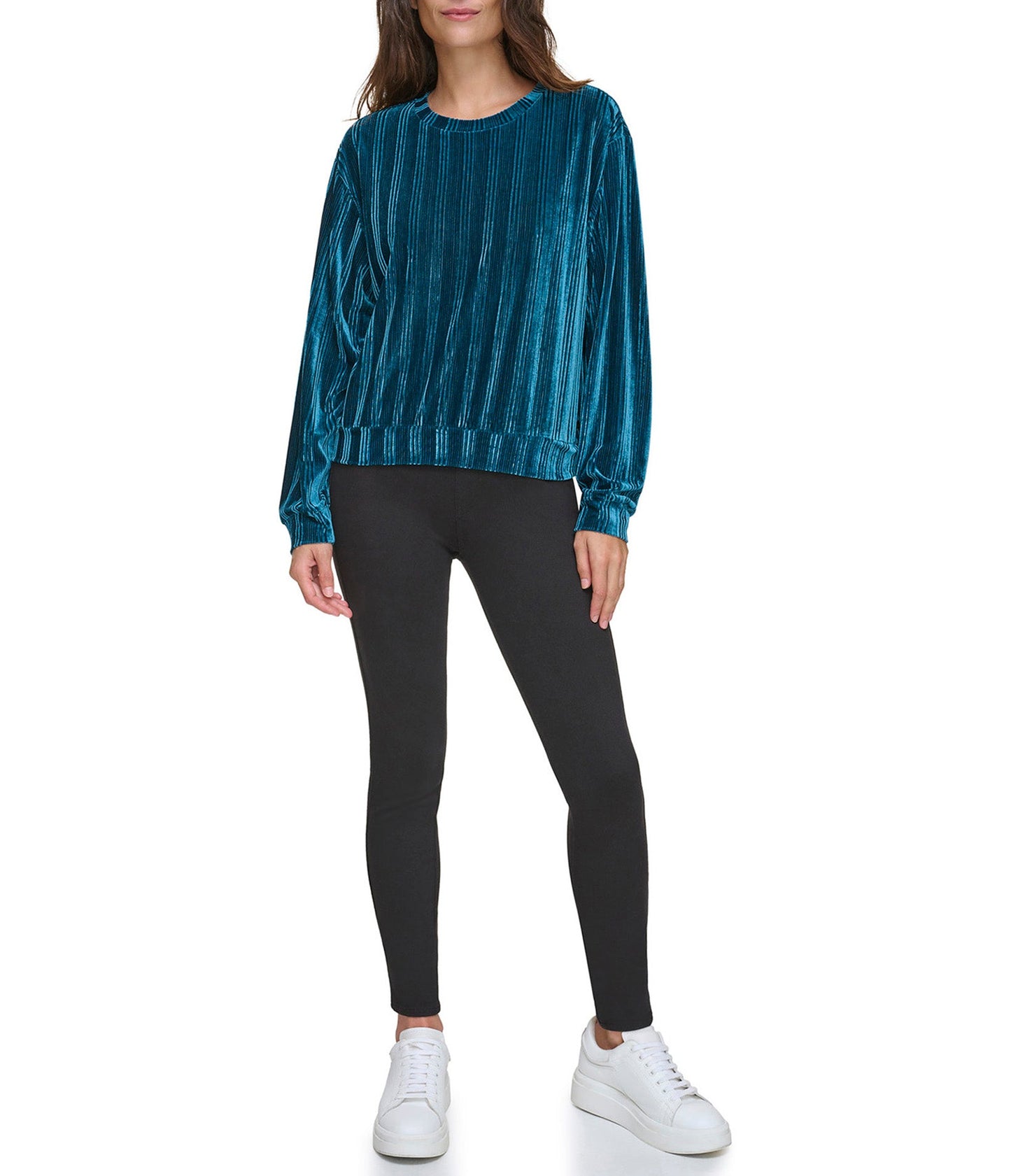 Ribbed Velvet Round Neck Long Sleeve Top