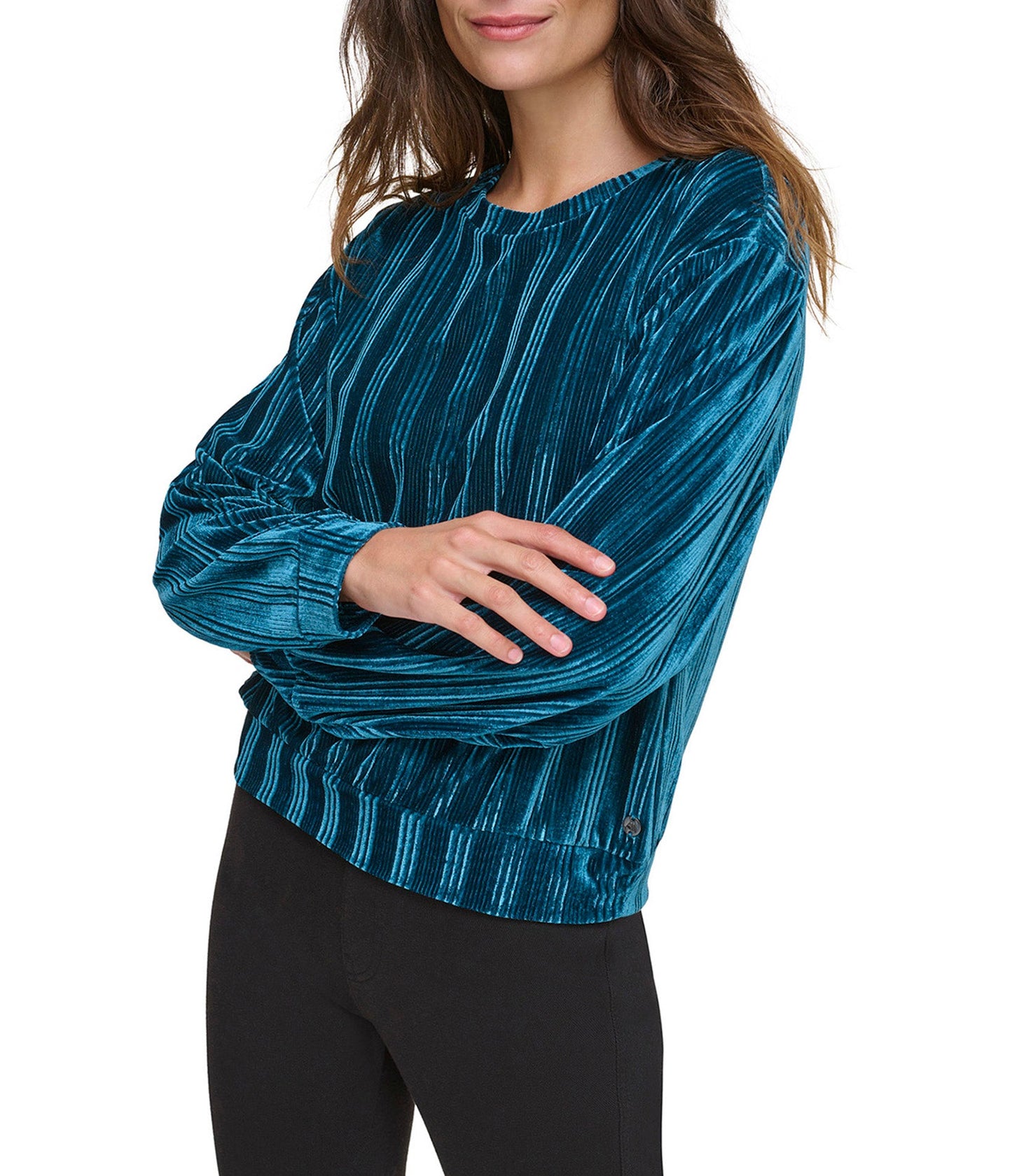 Ribbed Velvet Round Neck Long Sleeve Top