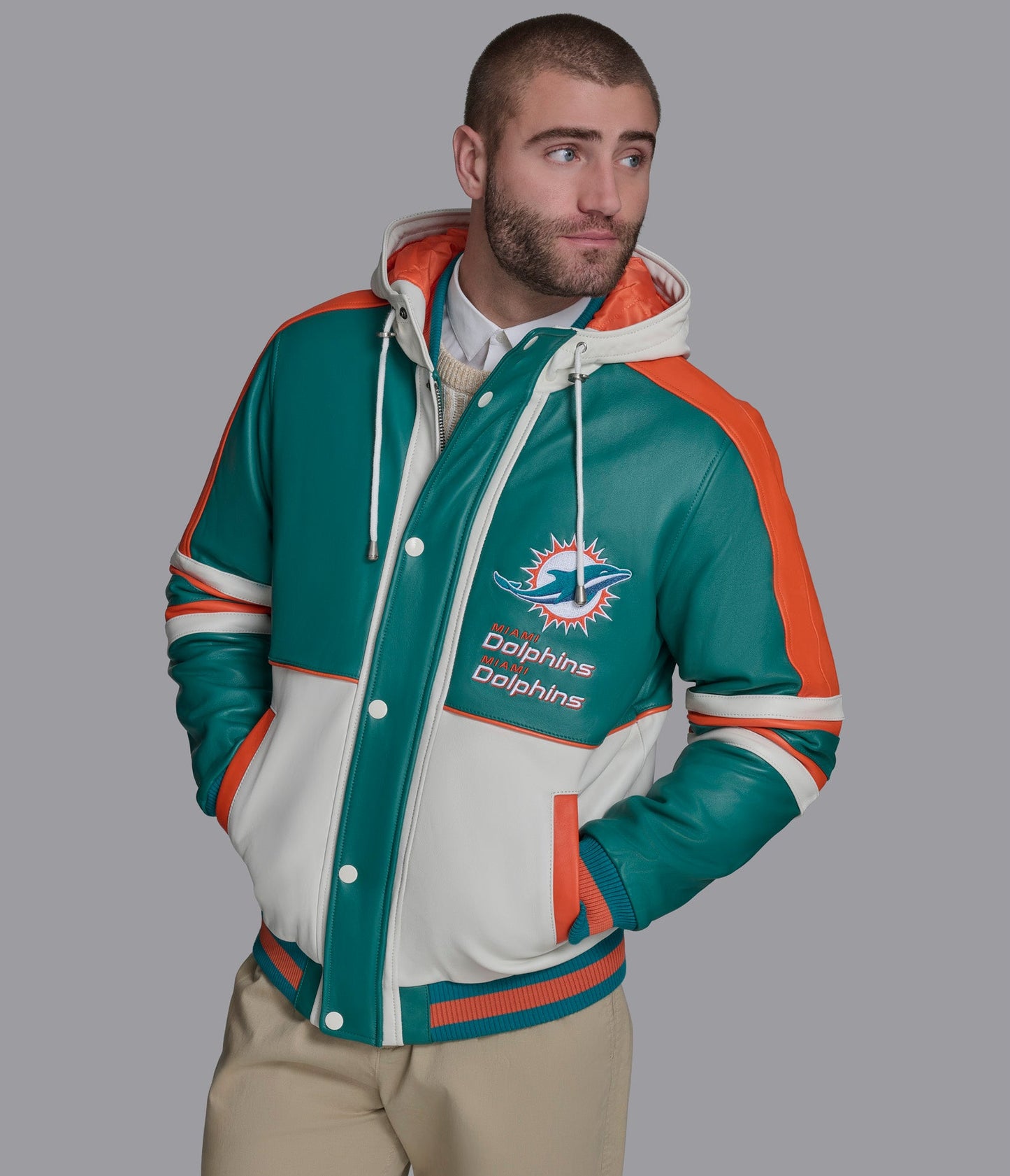 Miami Dolphins Hooded Leather Jacket