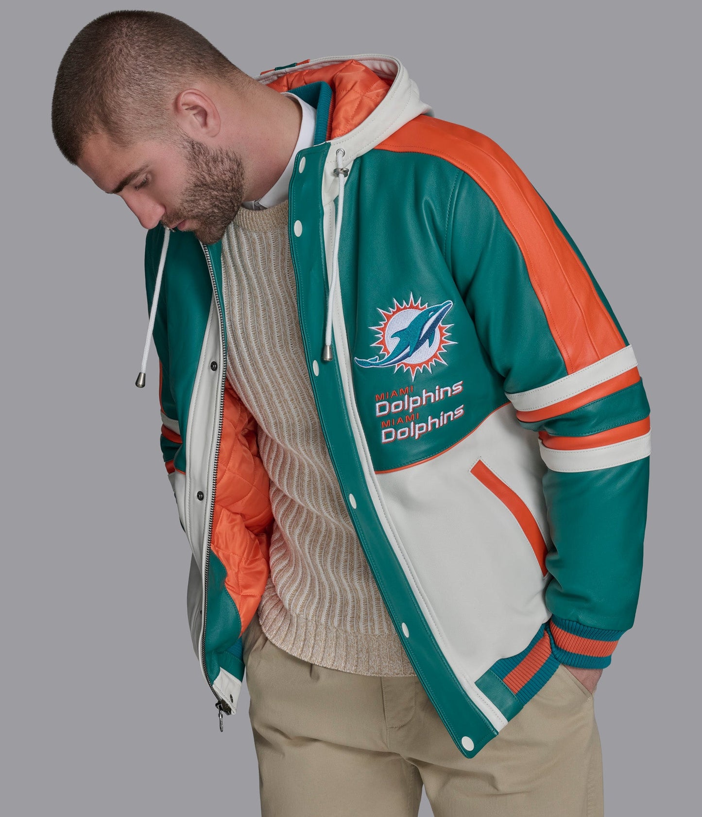 Miami Dolphins Hooded Leather Jacket