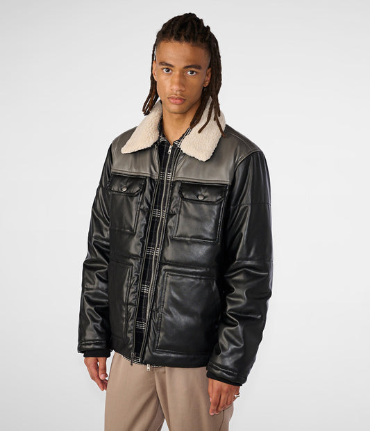 Faux Leather Puffer Jacket With Shearling Collar