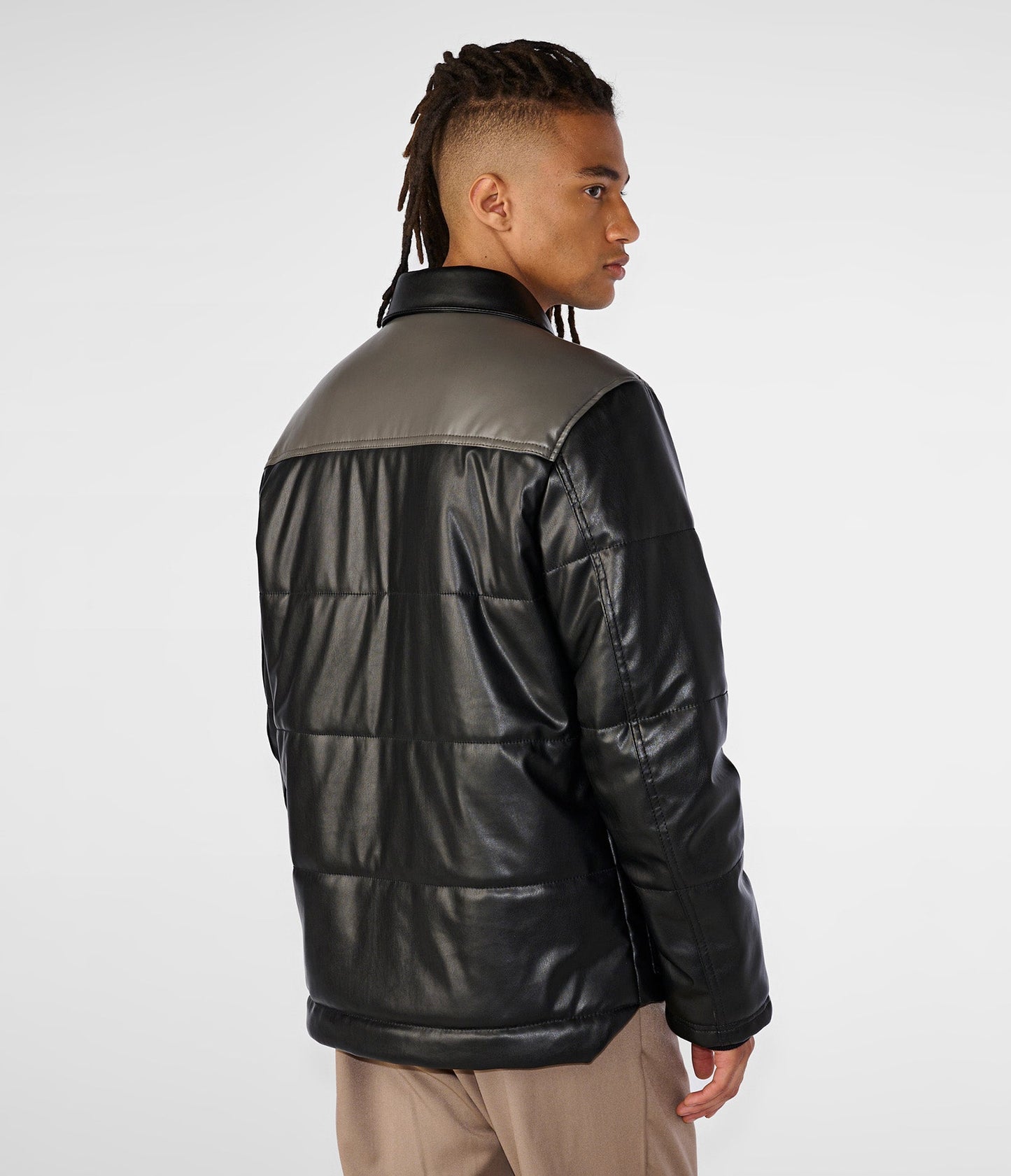 Faux Leather Puffer Jacket With Shearling Collar