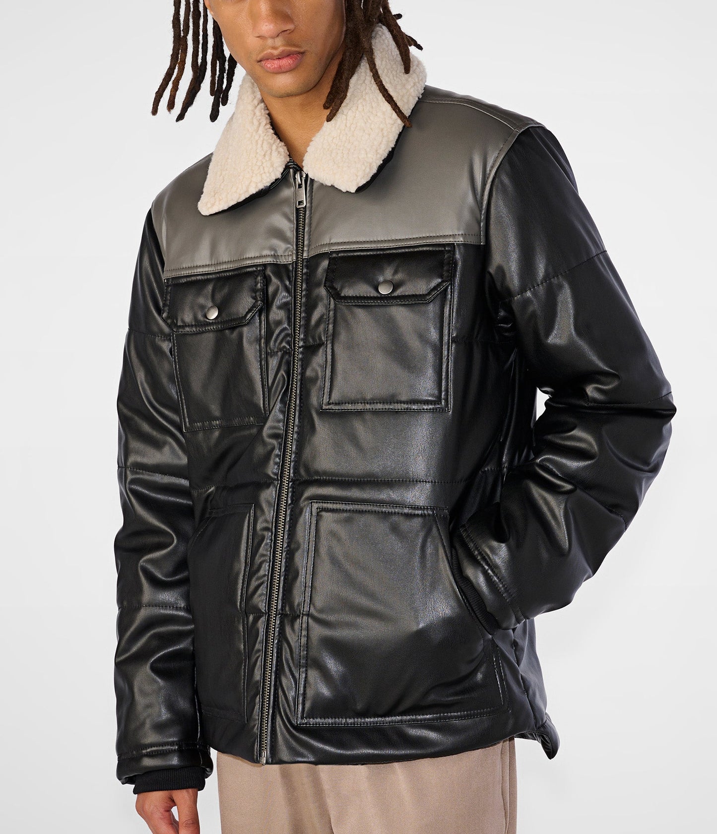 Faux Leather Puffer Jacket With Shearling Collar